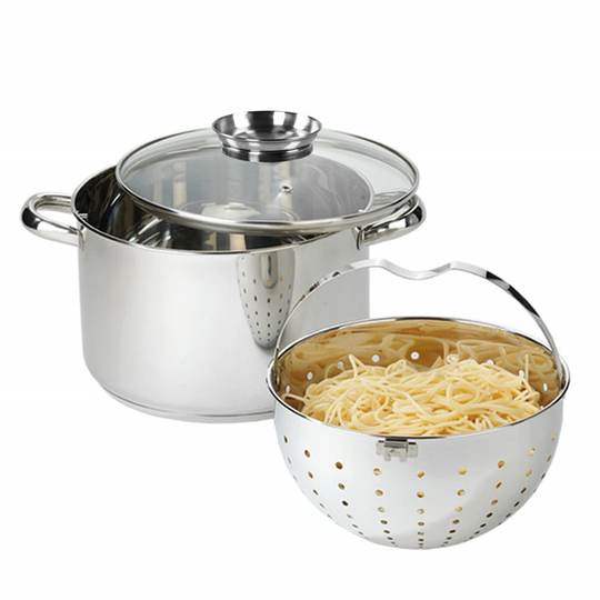 Beyond 24cm cooking pot, 15.5cm high, stainless steel, glass lid with aroma knob, integrated strainer