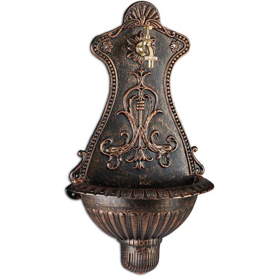 Relaxdays - Wall Water Fountain, Nostalgic Look, Outdoor Birdbath, Faucet & Basin, Hanging, hwd: 66x37x19.5 cm, Bronze
