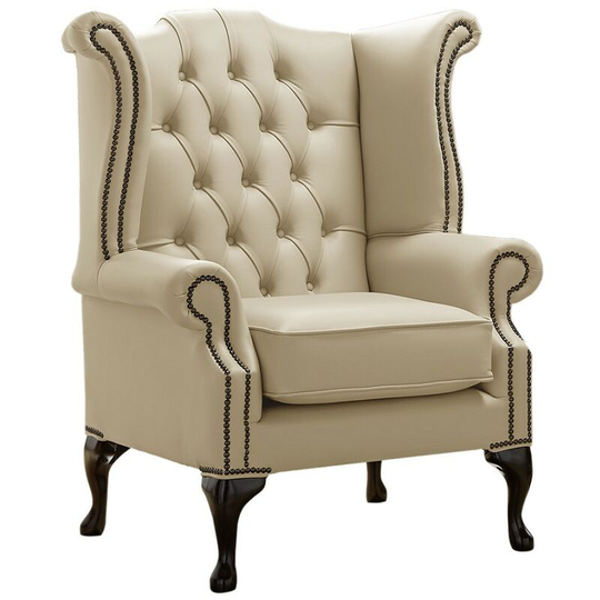 Chesterfield Queen Anne High Back Wing Chair Shelly Ivory Leather