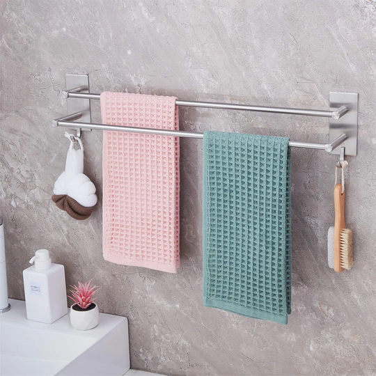 Towel Rail Self Adhesive 2-Tier Double Towel Holder Rack Multi Towel Bar With 2 Hooks SUS304 Stainless Steel Robe & Bath Towel Rails 60CM/23.6Inch For