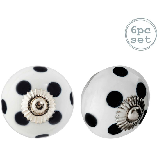 Round Ceramic Cabinet Knobs - White & Black Spot - Pack of 6 - Nicola Spring