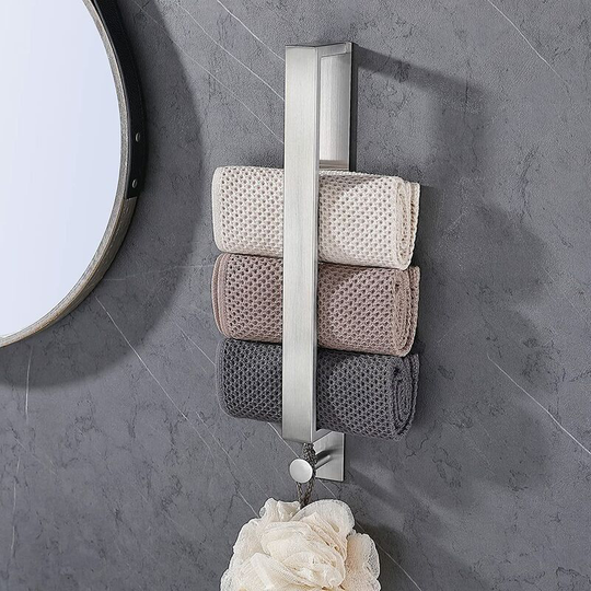 Self-adhesive undrilled stainless steel bathroom towel holder - with hook - brushed 40cm