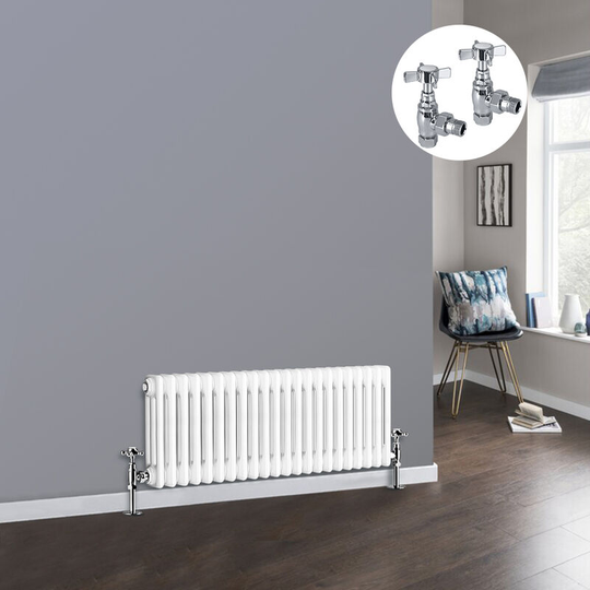 White 3 Column Traditional Cast Iron Style Radiator with Chrome Angled Cross Head Manual Valves Horizontal 300x1012mm