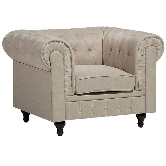Classic English Armchair Button Tufted Beige Fabric Chesterfield Big - Beige