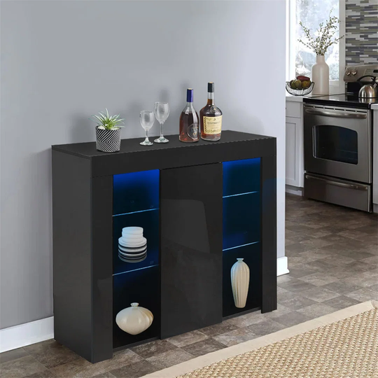 3 Tiers Sideboard Cupboard 1 Door Black Gloss And Matte Storage Cabinet With LED Lights 4 Shelves Modern Design Sideboard Cabinet For Living Room Bedr