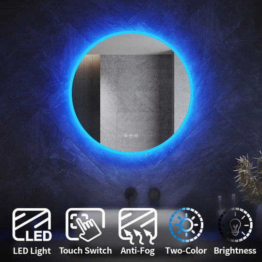 Elegant - Modern led Bathroom Mirror Round Dimmable Brightness with Sensor Touch Switch, Demester Pad, Smart Blue/White Lights Illuminated Bathroom