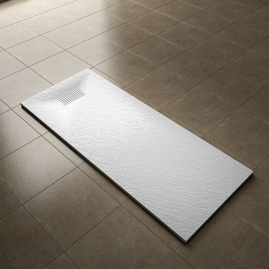 1700x700mm Slip-Resistance Shower Tray White Slate Effect Square Shower Enclosure Base with Waste Trap and Stainless Steel Drain Cover a - Elegant
