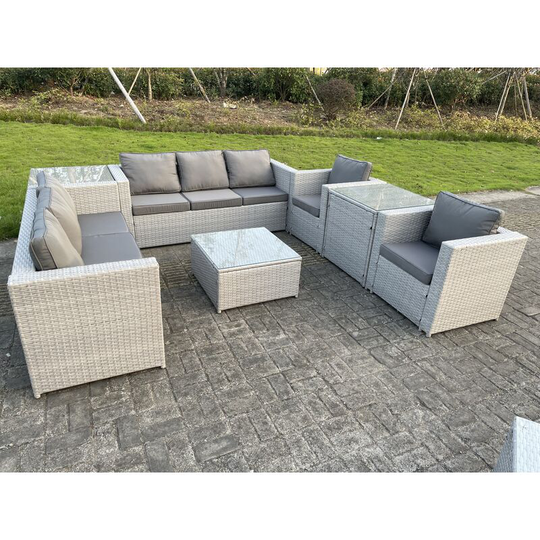 Light Grey Outdoor pe Rattan Garden Furniture Set Wicker Sofa Set Square Coffee Table 2 Armchair Side Table - Fimous