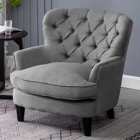 Bread Buttoned Armchair with Double Thick Cushion, Grey - Livingandhome