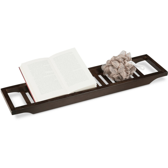 Bamboo Bath Caddy, Bathtub Bridge, Tray for the Tub, HxWxD: 4 x 65 x 15 cm, Brown - Relaxdays
