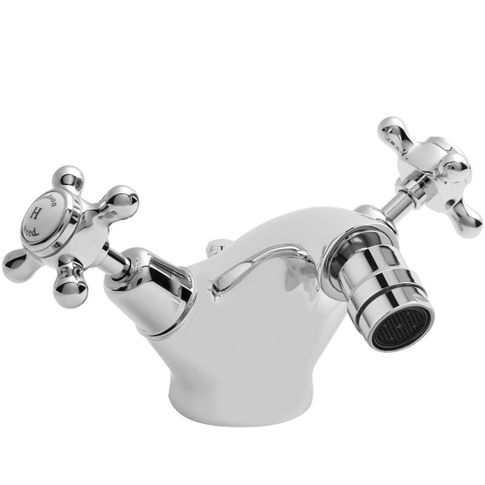 Topaz Dome Collar Bidet Mixer Tap with Waste Crosshead Handle - White/Chrome - Hudson Reed