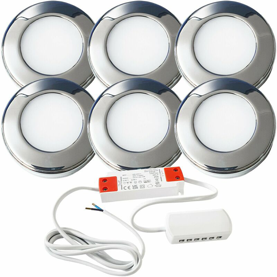 Loops - 6x chrome Round Surface or Flush Under Cabinet Kitchen Light & Driver Kit - Natural White led