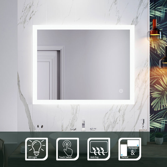 Horizontal Vertical Wall Mounted Bathroom Mirror 4mm Copper-Free Mercury Illuminated Mirror 900x700mm with Demister and Sensor IP44 Rated - Elegant