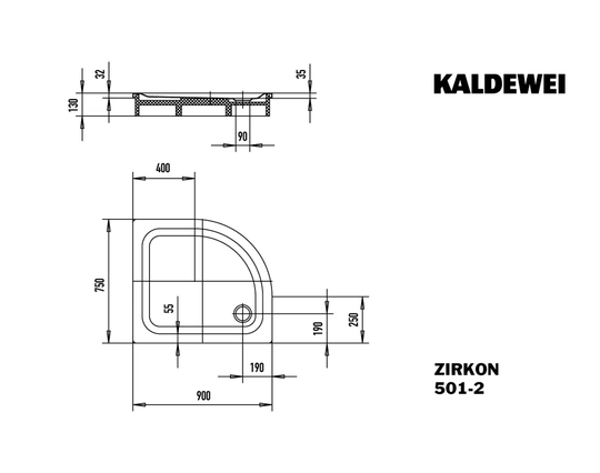 ZIRKON shower tray with tray support in , 3.2cm H x 90cm W x 75cm D