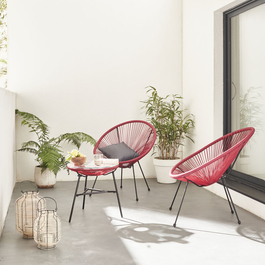 2 Egg designer string chairs with side table - Acapulco wine red - Set of 2 pvc designer string chairs, with coffee table included - Wine red
