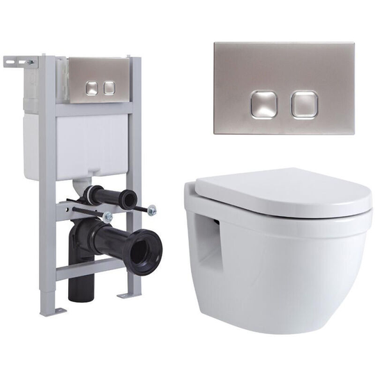 Milano - Newby - White Ceramic Modern Bathroom Wall Hung Round Toilet wc with Short Wall Frame, Dual Flush Cistern, Soft Close Seat and Square Chrome