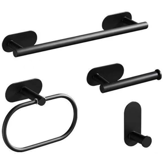 Set of 4 Black Wall Mount Punchless Bathroom Sets, Robe Hook, Wall Mounted Toilet Paper Holder, Towel Ring, 16'' Towel Rack, Bathroom Accessories,