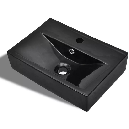 Ceramic Bathroom Sink Basin Faucet/Overflow Hole Black Rectangular