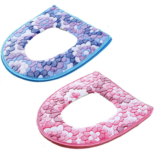 Toilet Seat Covers Cushion Bathroom Warm Skin-Friendly Four Seasons Available Zipper Easy Install Washable and Reusable 2 Pieces (Blue and Pink)