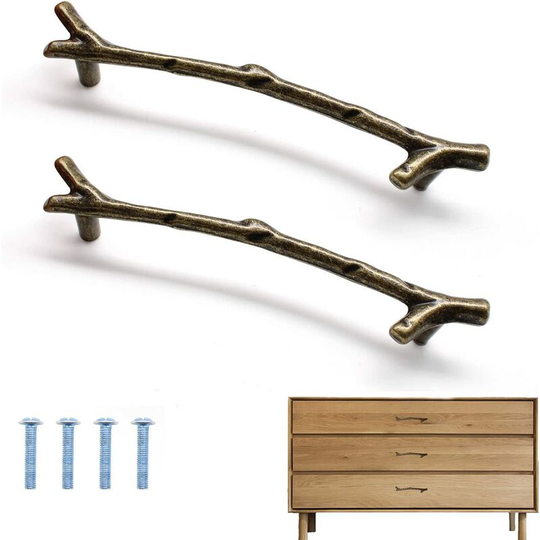 2 Pieces Cabinet Handle, Branch Shaped Door Handles, Hard Zinc Alloy Kitchen Cabinet Handle, Suitable for Shoebox, Cabinets, Drawers (96mm, Bronze)