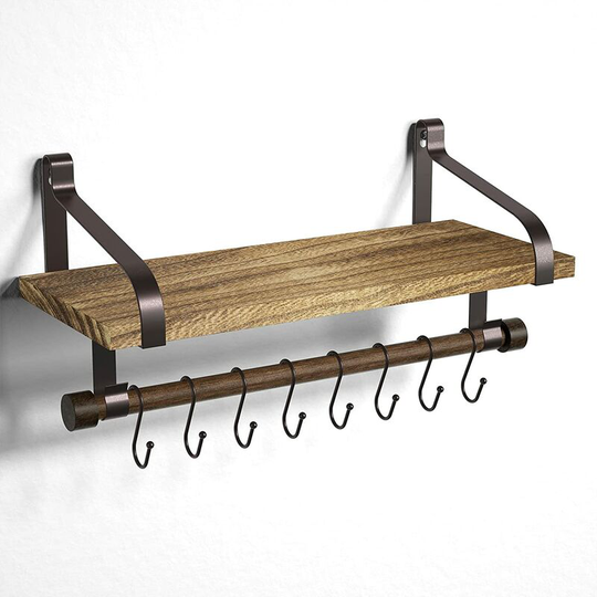 Floating Shelf Wall Shelf for Storage Rustic Wood Kitchen Spice Rack with Towel Bar and 8 Removable Hooks for Organize Cooking Utensils or Mugs