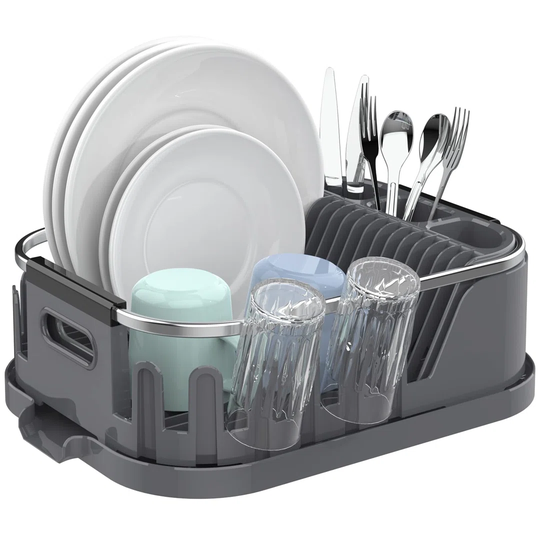 Dish Drying Rack For Kitchen Counter, Compact Dish Drainer With Drainboard, Utensil Holder And Cup Rack