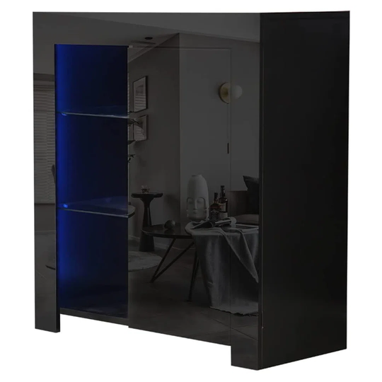 High Gloss Sideboard, LED Sideboard Cabinet, Modern Living Room Cupboard With LED Lights Storage Cabinet Unit Tall Display, 83 * 75 * 35Cm (Black LED
