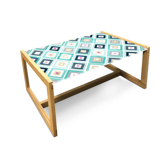 Turquoise Coffee Table, Dots Doodle Rhombus Diamond Shapes Colorful Geometrical Pattern Art, Acrylic Glass Center Table With Wooden Frame For Offices