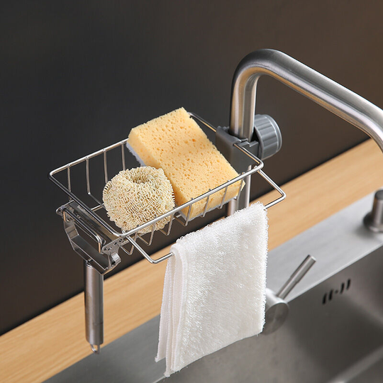Sink Sponge Holder - Kitchen Sink Sponge Holder, 2 in 1 Brush Holder, Waterproof Anti-rust abs Stainless Steel Sponge Holder, No Drilling Required