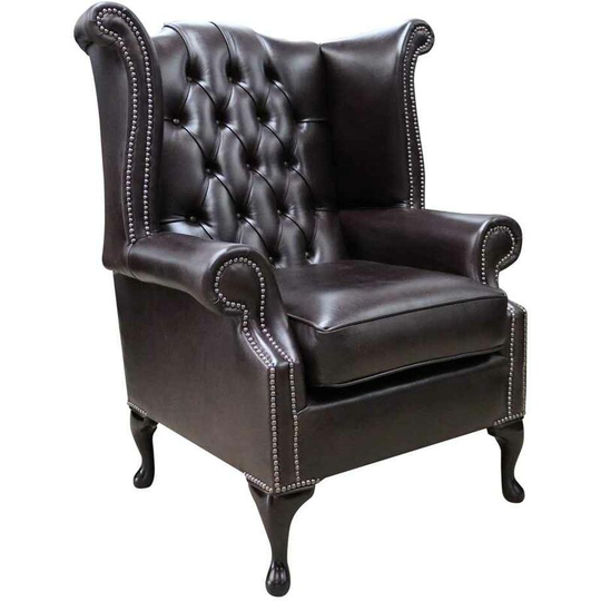 Chesterfield Queen Anne High Back Wing Chair Old English Smoke Leather 2 Base Height