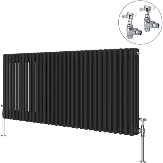 NRG - Black Traditional Cast Iron Style Radiator with Chrome Angled Cross Head Manual Valves Horizontal 3 Column 600x1462mm