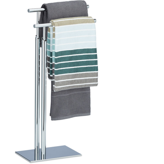 Towel Holder Freestanding, Towel Rack, 2 Rails, h x b x d: approx. 78 x 46 x 20 cm, Chromed Towel Stand, Silver - Relaxdays