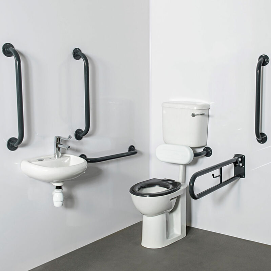 NymaPRO Low Level Doc m Toilet Pack with Exposed Fixings and TMV3 Valve - Dark Grey Grab Rails - Nymas