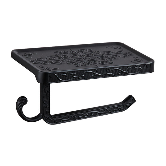 Vintage Decor Style Toilet Paper Holder with Phone Shelf and Hook Black Bathroom
