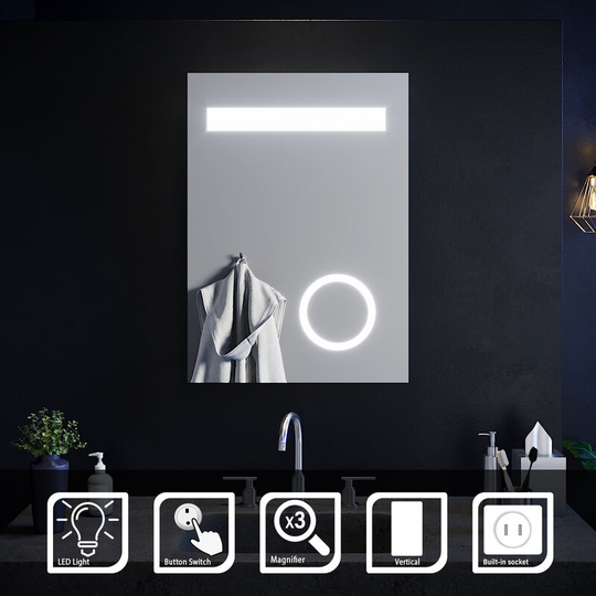 Illuminated led Bathroom Mirror with Lights and Shaver Socket magnifying Mirror 500 x 700 mm Button Switch - Elegant