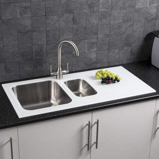 Sauber Stainless Steel Inset 1.5 Kitchen Sink & White Glass Drainer RH