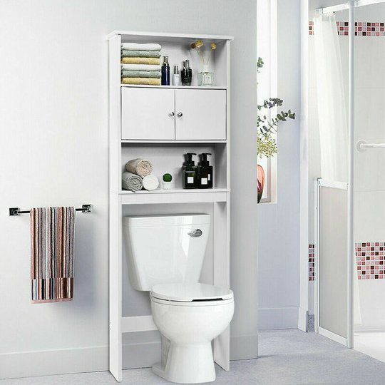 Over Toilet Cabinet Freestanding Washing Machine Rack w/ Open Shelves and Doors