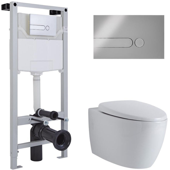 Milano - Altham - White Ceramic Modern Bathroom Wall Hung Round Rimless Toilet wc with Tall Frame Cistern and Dot Chrome Flush Plate