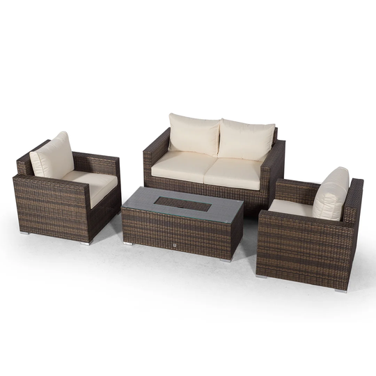 Villatoro Brown Rattan 2 Seat Sofa + 2 X Armchairs & Ice Bucket Rectangle Coffee Table, Outdoor Patio Garden Furniture