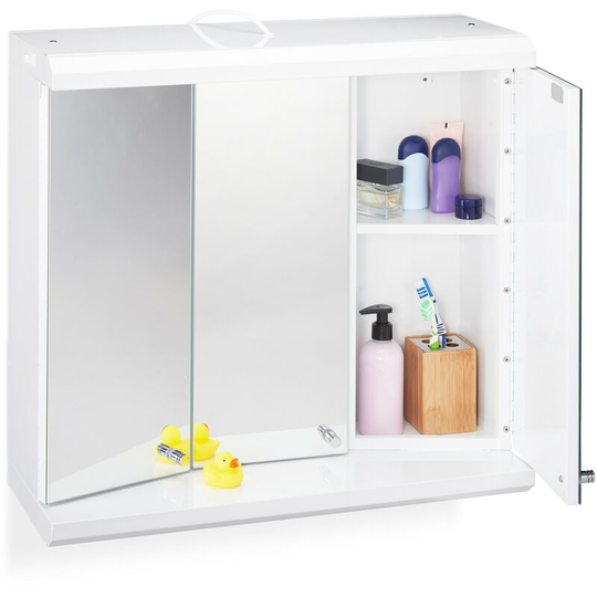Led Mirror Cabinet, 3 Doors, 6 Compartments, Plug Socket, Hanging Bathroom Shelf h x w x d: 58 x 60 x 23 cm, White - Relaxdays