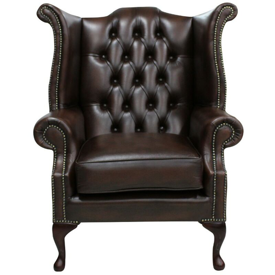 Chesterfield Queen Anne Wing Chair Antique Brown Leather