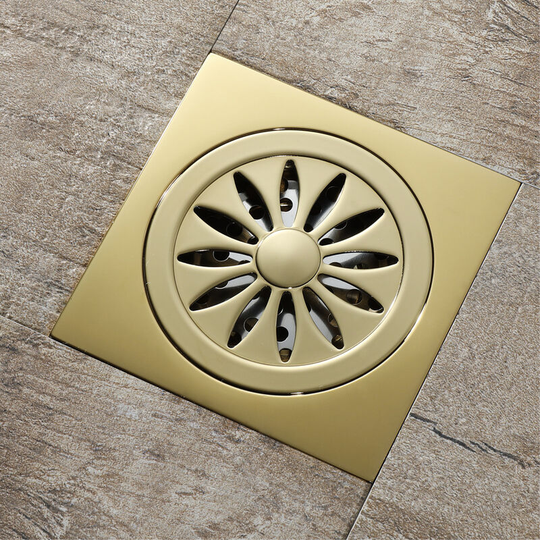 Home Square Shower Floor Drain Copper households Champagne Gold Deodorant Modern Bathroom Floor Drain Floor Drain (Size: 100x100x41mm)
