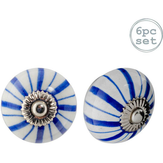 Round Ceramic Cabinet Knobs - Navy Lines - Pack of 6 - Nicola Spring