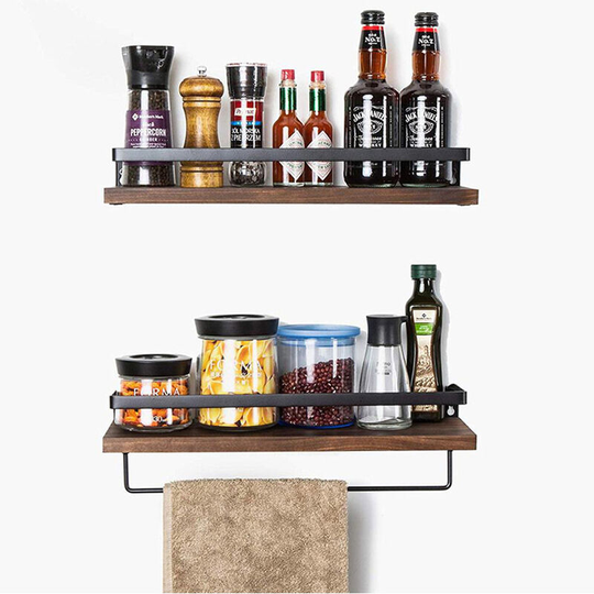 Floating Shelves Set of 2, Wall Mounted Wooden Storage Shelves with Towel Holder for Bathroom Living Room Kitchen, Dark Brown