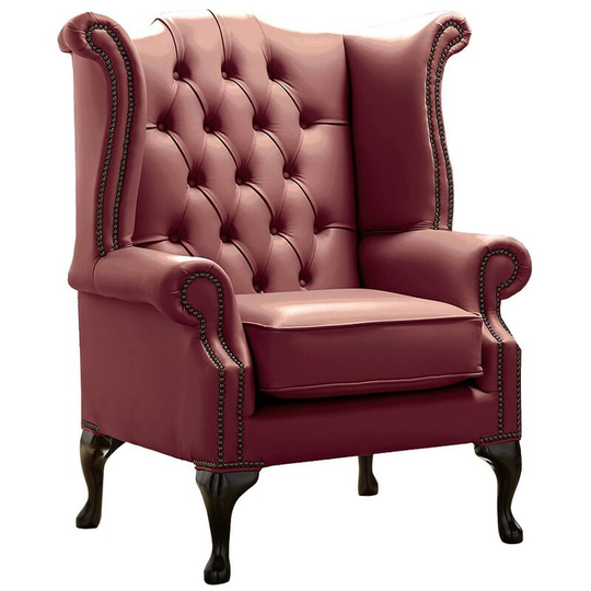 Chesterfield Queen Anne High Back Wing Chair Shelly Burgandy Leather