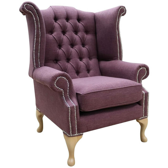 Chesterfield Fabric Queen Anne High Back Wing Chair Bacio Damson Purple