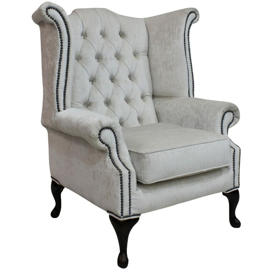 Chesterfield Queen Anne High Back Wing Chair Pastiche Chalk Velvet