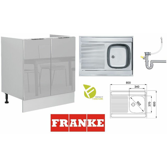 Impact Furniture - Kitchen Sink Cabinet Unit 80cm Light Grey Gloss Unit with Franke 800 Single Bowl Sink Luna - Light Grey Gloss