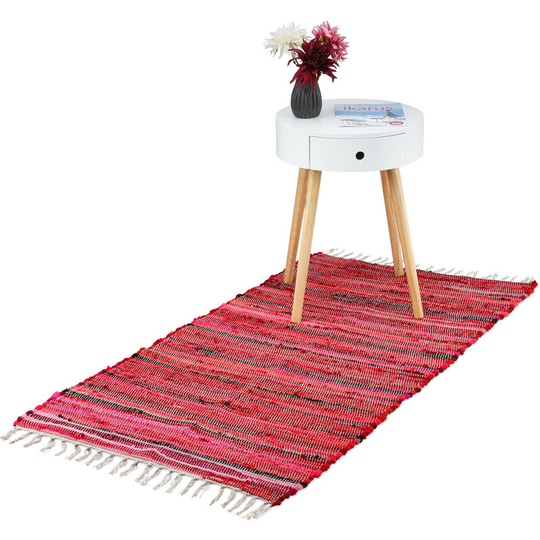 Flatweave rug, made of cotton, anti-slip, runner with tassels, floor rug, size 70 x 140 cm, shades of red - Relaxdays