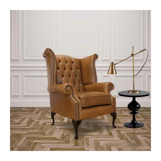 Chesterfield Queen Anne High Back Wing Chair uk Manufactured Old English Tan